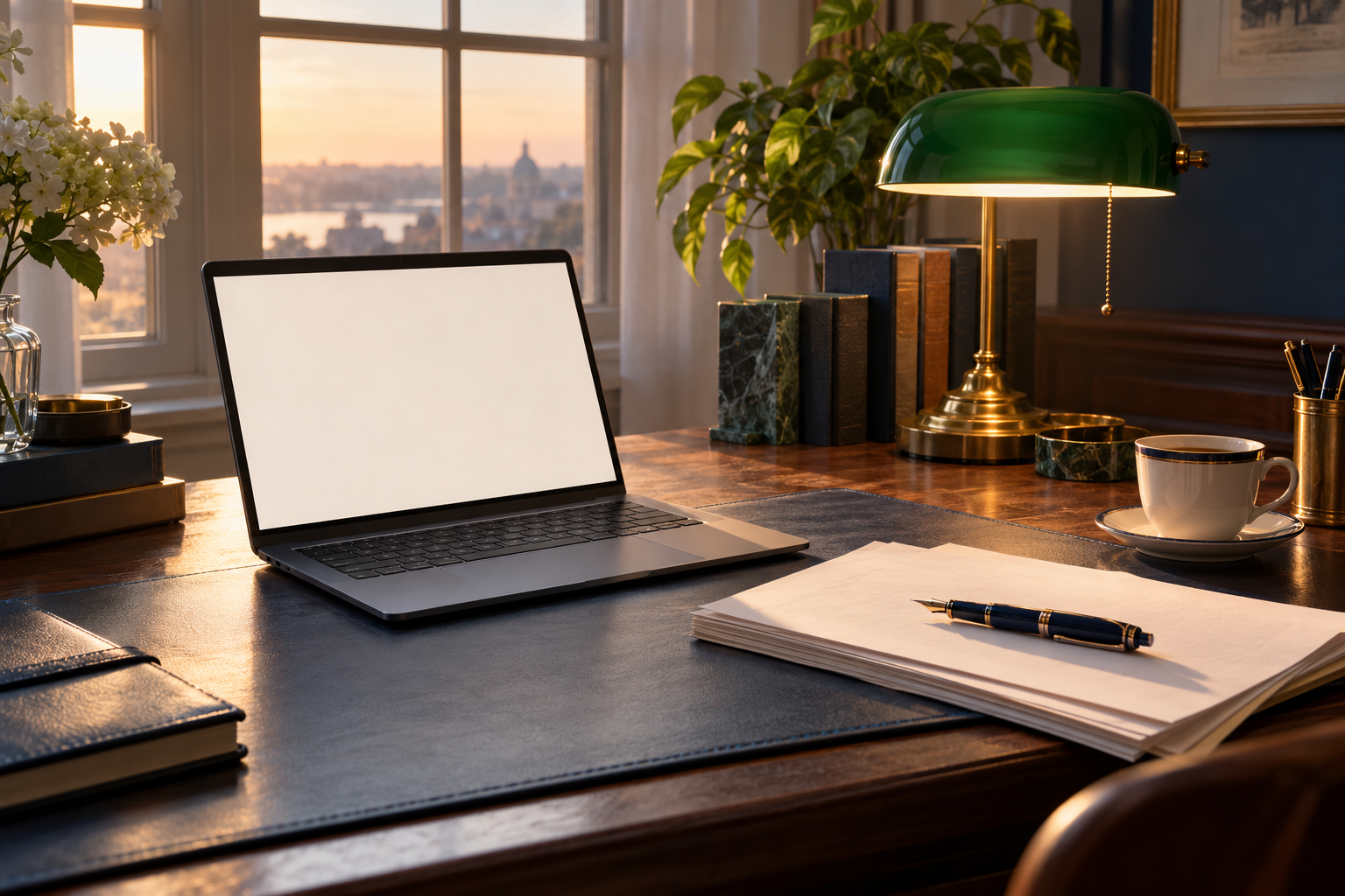 A writer's desk at dawn: a green banker's lamp, a fountain pen resting on blank pages, and a laptop with a blank screen.